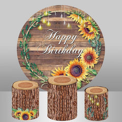 Aperturee Sunflowers And Brown Wood Happy Birthday Round Backdrop