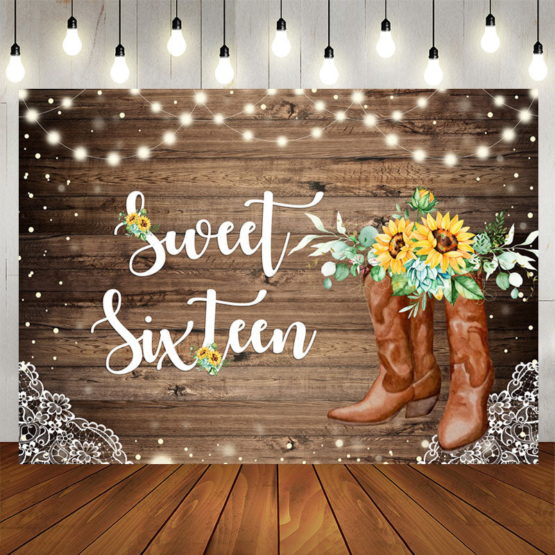 Aperturee - Sunflowers And Brown Wood Sweet 16th Birthday Backdrop