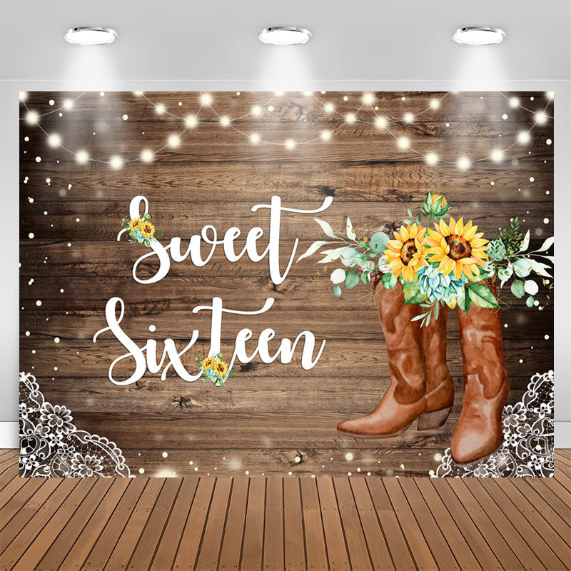 Aperturee - Sunflowers And Brown Wood Sweet 16th Birthday Backdrop