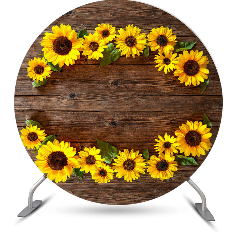 Aperturee - Sunflowers And Brown Wooden Round Birthday Backdrop