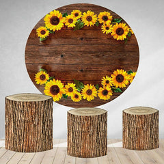 Aperturee Sunflowers And Brown Wooden Round Birthday Backdrop