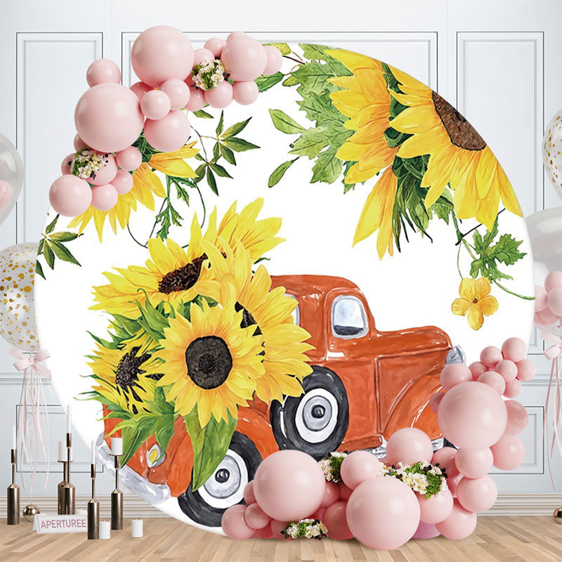 Aperturee - Sunflowers And Red Truck Round Baby Shower Backdrop