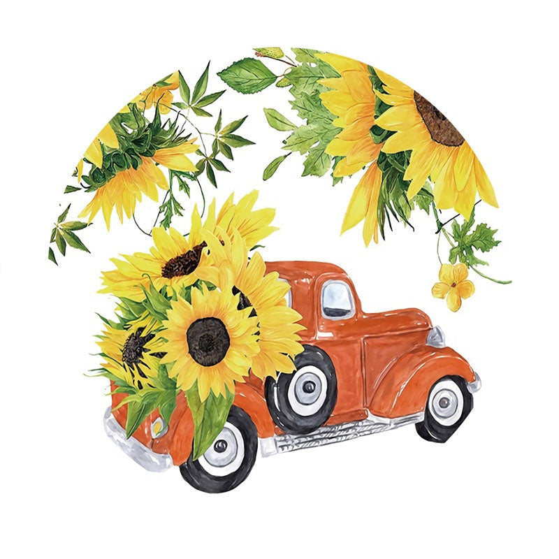 Aperturee - Sunflowers And Red Truck Round Baby Shower Backdrop