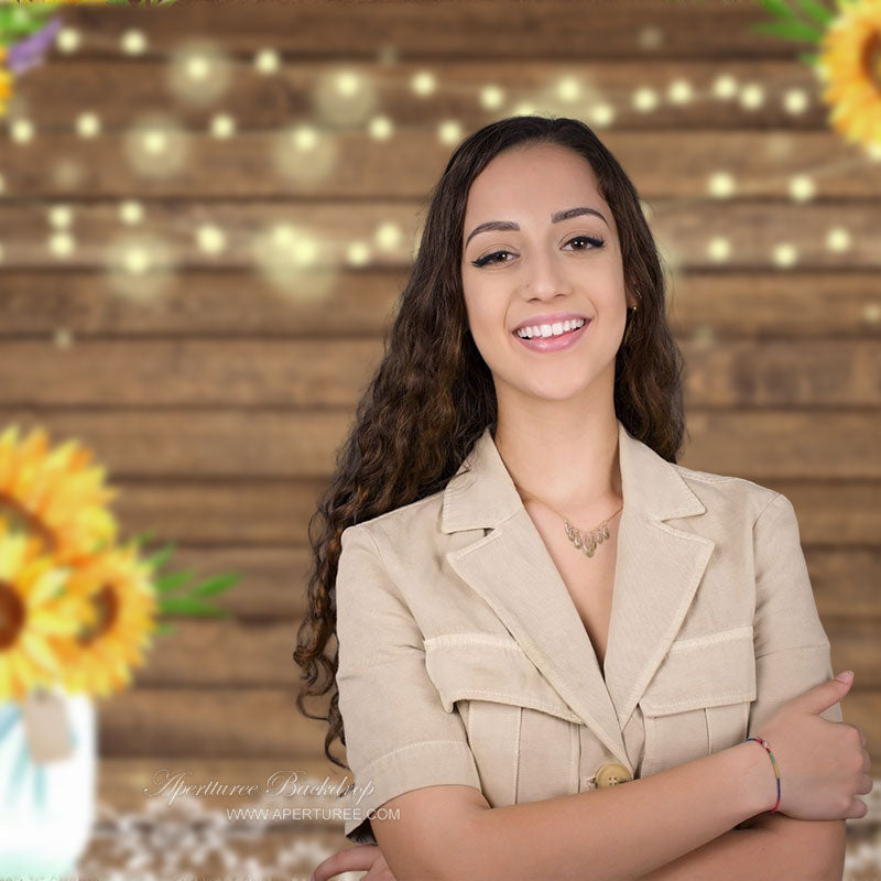 Aperturee - Sunflowers Brown Wooden Texture Photography Backdrop