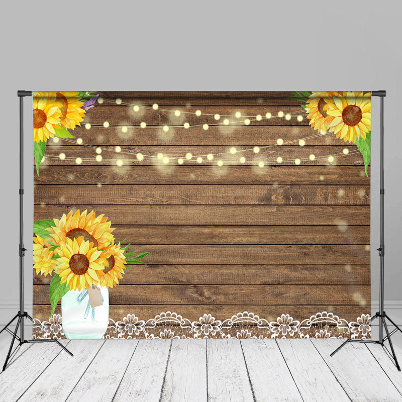 Aperturee - Sunflowers Brown Wooden Texture Photography Backdrop