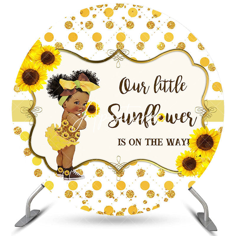 Aperturee Sunflowers Gold Glitter Round Baby Shower Backdrop