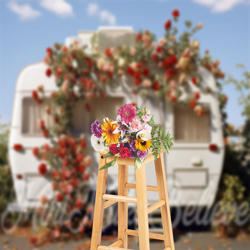 Aperturee - Sunny Sky Floral White RV Photo Spring Backdrop