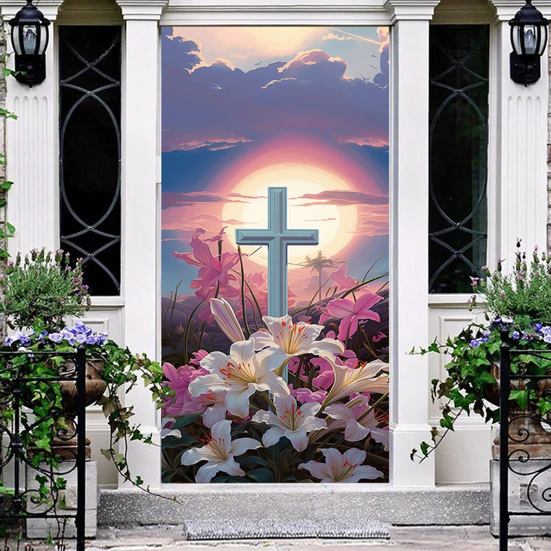 Aperturee - Sunrise Oil Painting Cross Lily Easter Door Cover