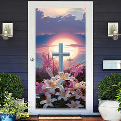 Aperturee - Sunrise Oil Painting Cross Lily Easter Door Cover