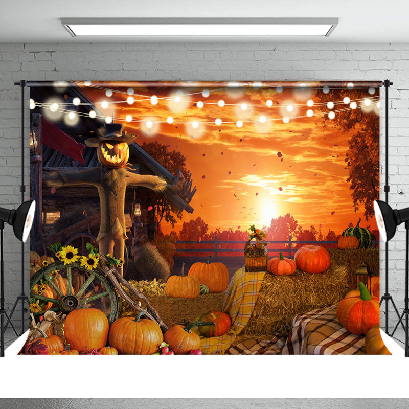 Aperturee - Sunrise With Light Punpkin Scarecrow Halloween Backdrop