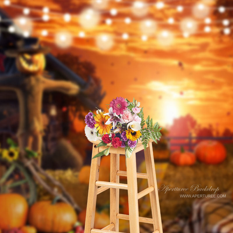 Aperturee - Sunrise With Light Punpkin Scarecrow Halloween Backdrop