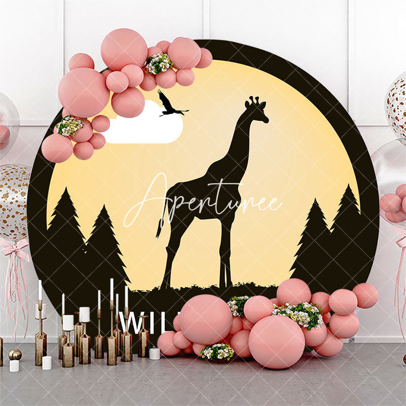 Aperturee - Sunset Forest Giraffe Bird Silhouette Round Backdrop