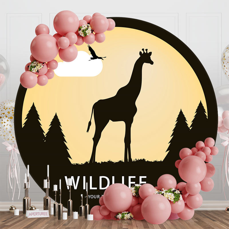 Aperturee - Sunset Forest Giraffe Bird Silhouette Round Backdrop