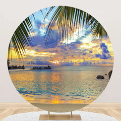 Aperturee - Sunset Leaves Hawaii Beach Round Birthday Backdrop