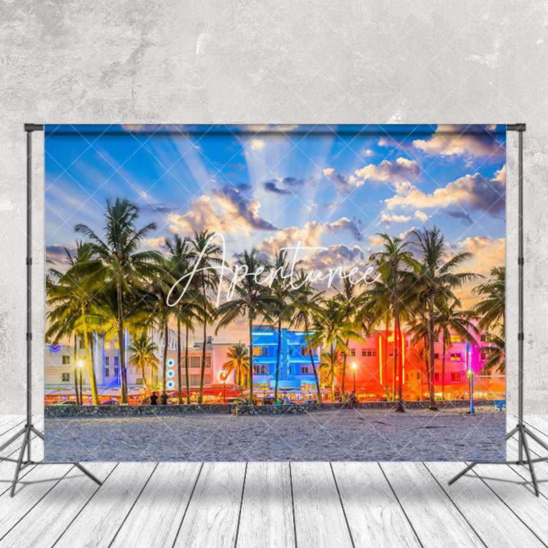 Aperturee - Sunset Neon Light Town Palm Tree Summer Backdrop