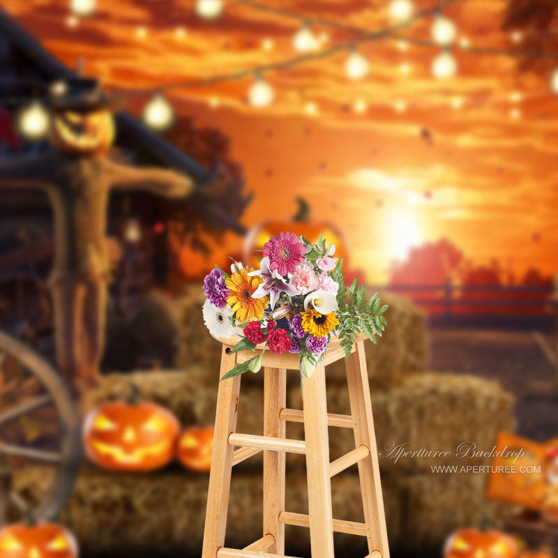 Aperturee - Sunset Punpkin Lantern Scarecrow Halloween Backdrop