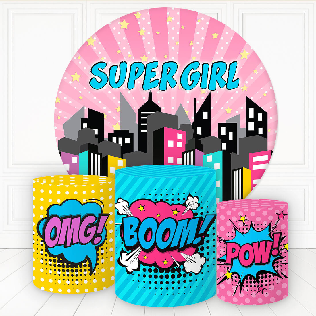 Aperturee Super Girl Neon City Round Backdrop Kit For Baby Shower