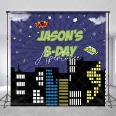 Aperturee - Superhero City Night Custom Name Birthday Backdrop