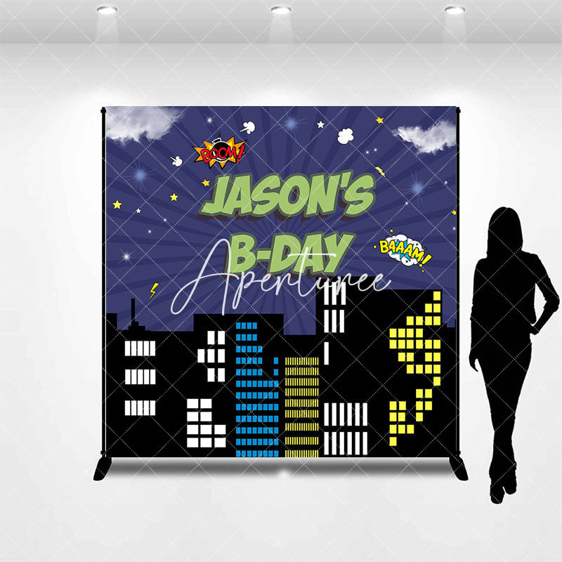 Aperturee - Superhero City Night Custom Name Birthday Backdrop