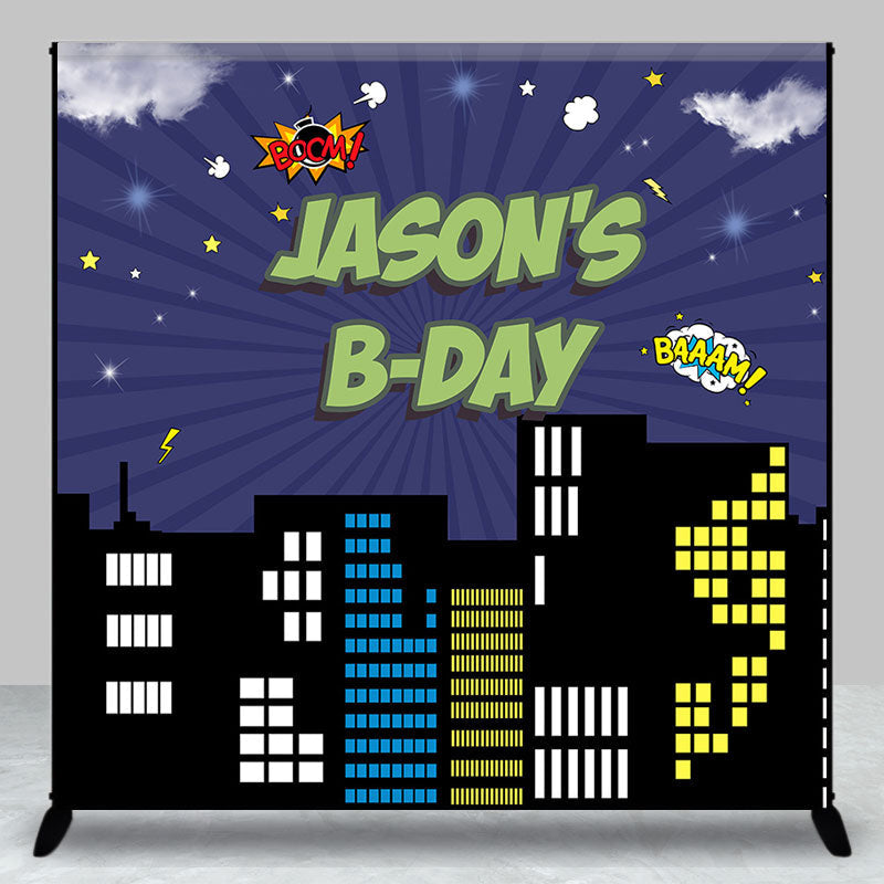 Aperturee - Superhero City Night Custom Name Birthday Backdrop