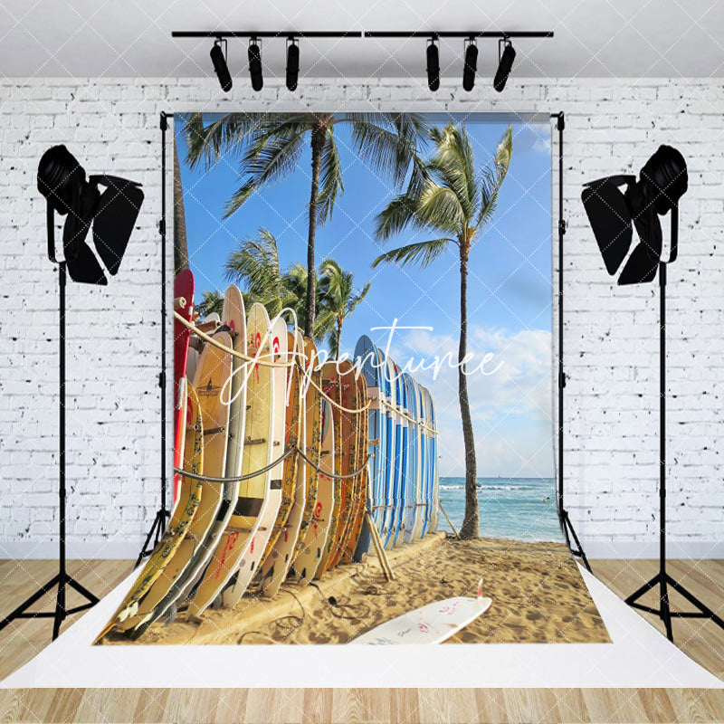 Aperturee - Surfboard Fence Beach Blue Sky Summer Photo Backdrop