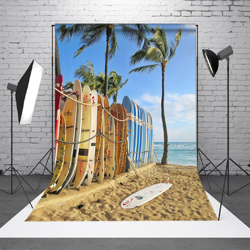 Aperturee - Surfboard Fence Beach Blue Sky Summer Photo Backdrop