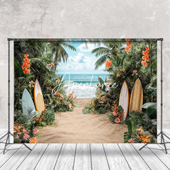 Aperturee - Surfboard Palm Leaves Sandy Beach Summer Backdrop