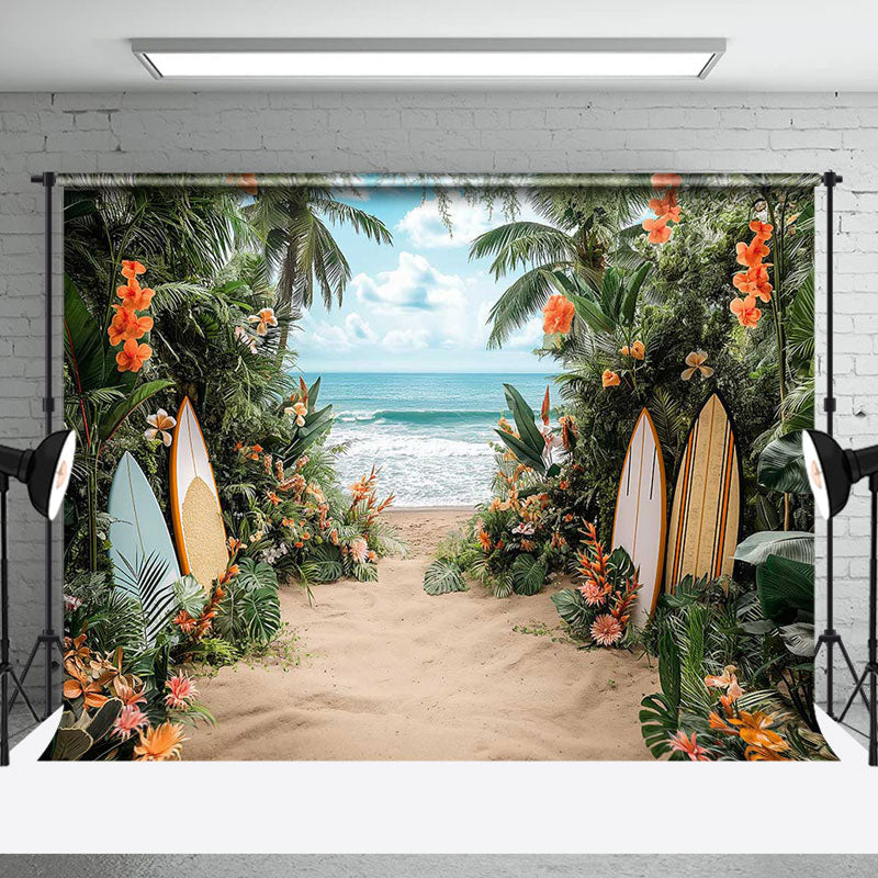 Aperturee - Surfboard Palm Leaves Sandy Beach Summer Backdrop