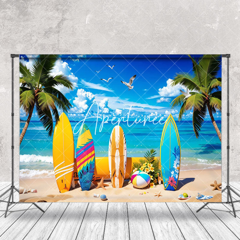 Aperturee - Surfboard Palm Trees Sandy Beach Summer Backdrop