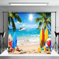 Aperturee - Surfboard Palm Trees Ship Sandy Floral Summer Backdrop