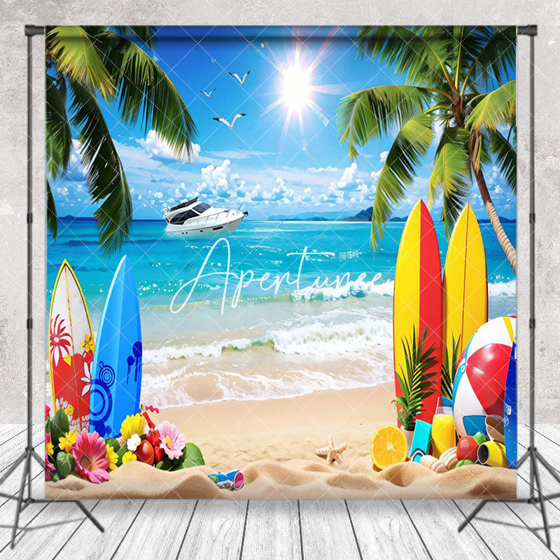 Aperturee - Surfboard Palm Trees Ship Sandy Floral Summer Backdrop