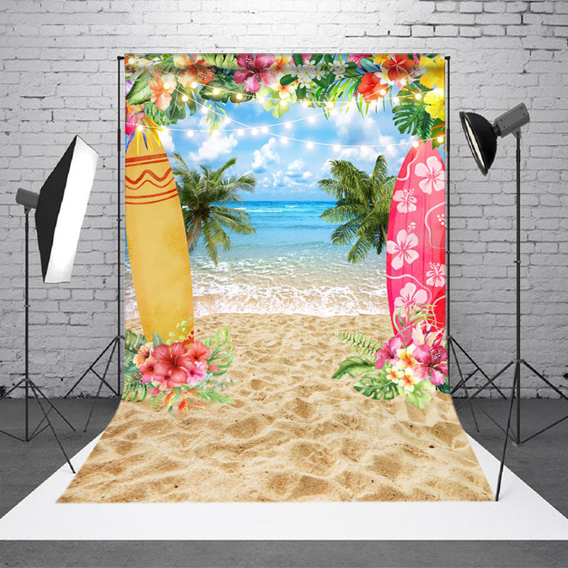 Aperturee - Surfboard Sandy Beach Floral Summer Photo Backdrop