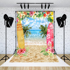 Aperturee - Surfboard Sandy Beach Floral Summer Photo Backdrop