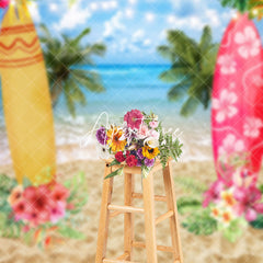 Aperturee - Surfboard Sandy Beach Floral Summer Photo Backdrop