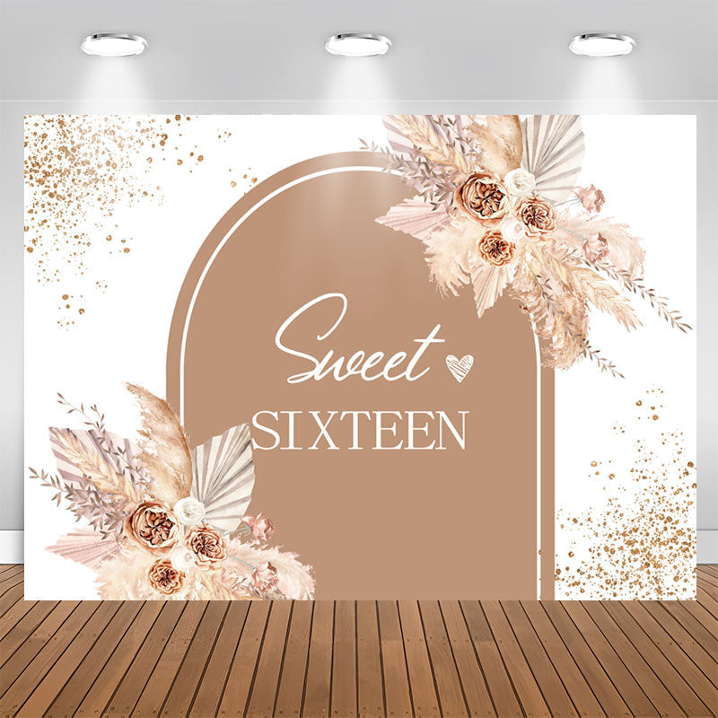 Aperturee - Sweet 16 Flowers Arched Happy Birthday Backdrop