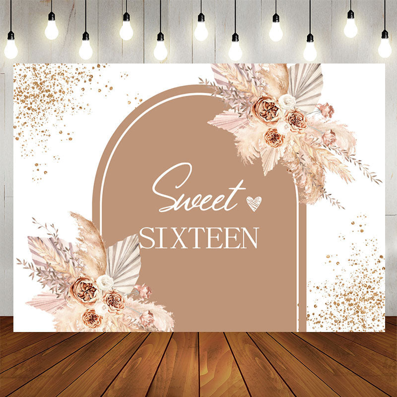 Aperturee - Sweet 16 Flowers Arched Happy Birthday Backdrop