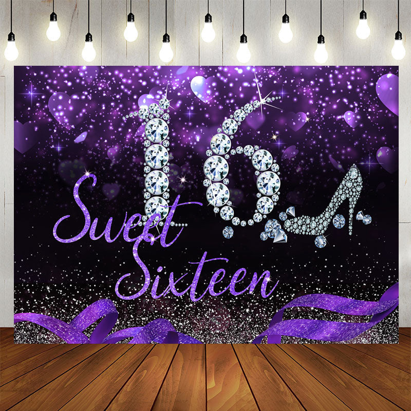 Aperturee - Sweet 16 Silver Diamond Purple Glitter Sixteen Birthday Backdrop for Girl