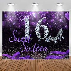 Aperturee - Sweet 16 Silver Diamond Purple Glitter Sixteen Birthday Backdrop for Girl