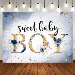 Aperturee - Sweet Baby Boy Marble Floral Blue Baby Shower Backdrop