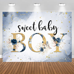 Aperturee - Sweet Baby Boy Marble Floral Blue Baby Shower Backdrop