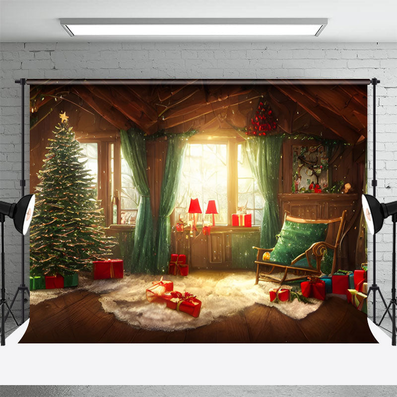 Aperturee - Sweet Cabin Red Gifts Window Christmas Tree Backdrop