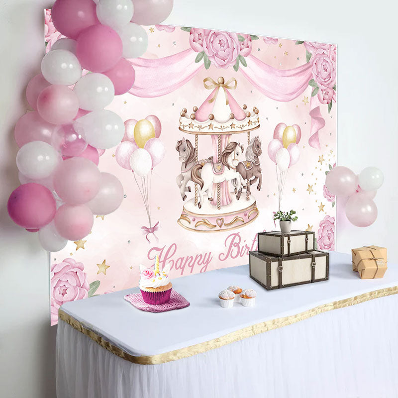 Aperturee - Sweet Carousel Floral Balloon Birthday Backdrop