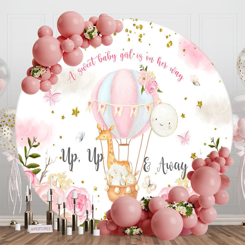 Aperturee - Sweet Girl Animals Floral Round Baby Shower Backdrop