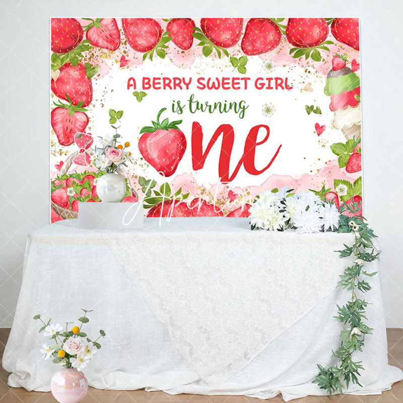 Aperturee - Sweet Girl Turning One Strawberry Birthday Backdrop