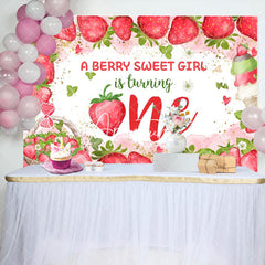 Aperturee - Sweet Girl Turning One Strawberry Birthday Backdrop