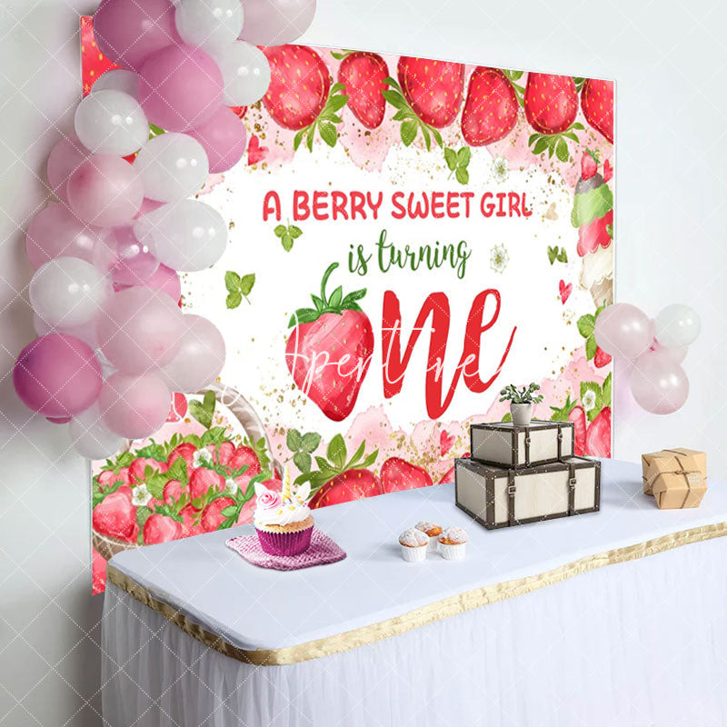 Aperturee - Sweet Girl Turning One Strawberry Birthday Backdrop