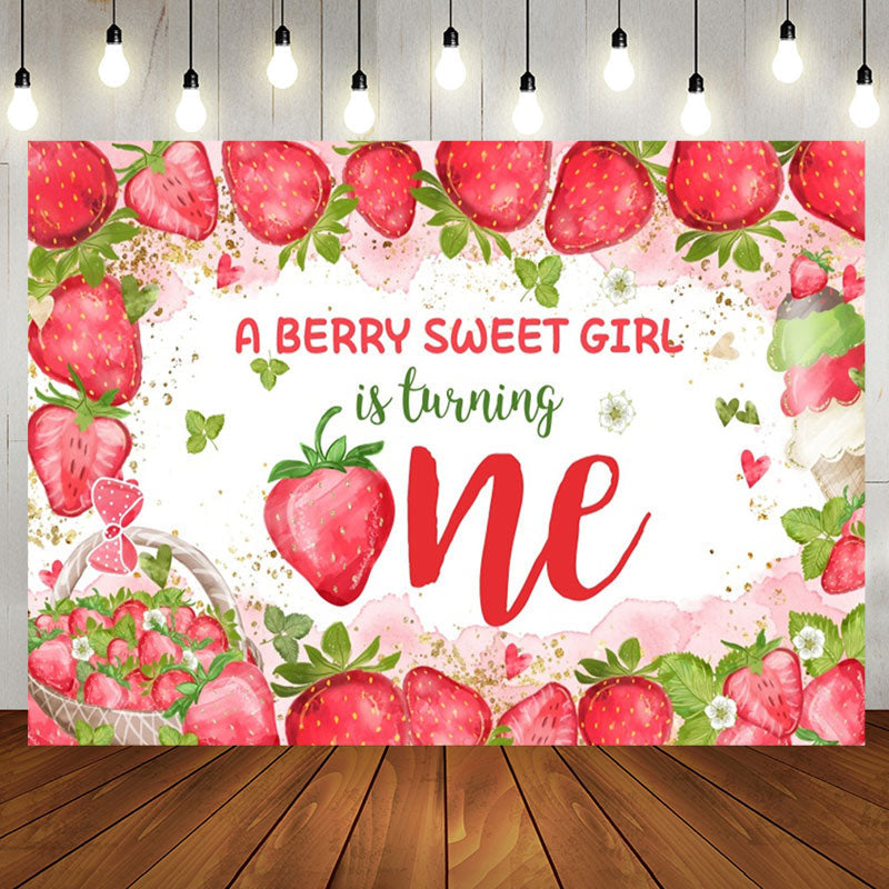 Aperturee - Sweet Girl Turning One Strawberry Birthday Backdrop