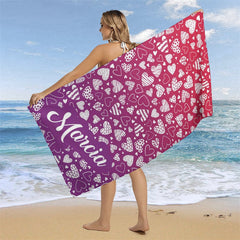 Aperturee - Sweet Hearts Gradient Purple Custom Name Beach Towel