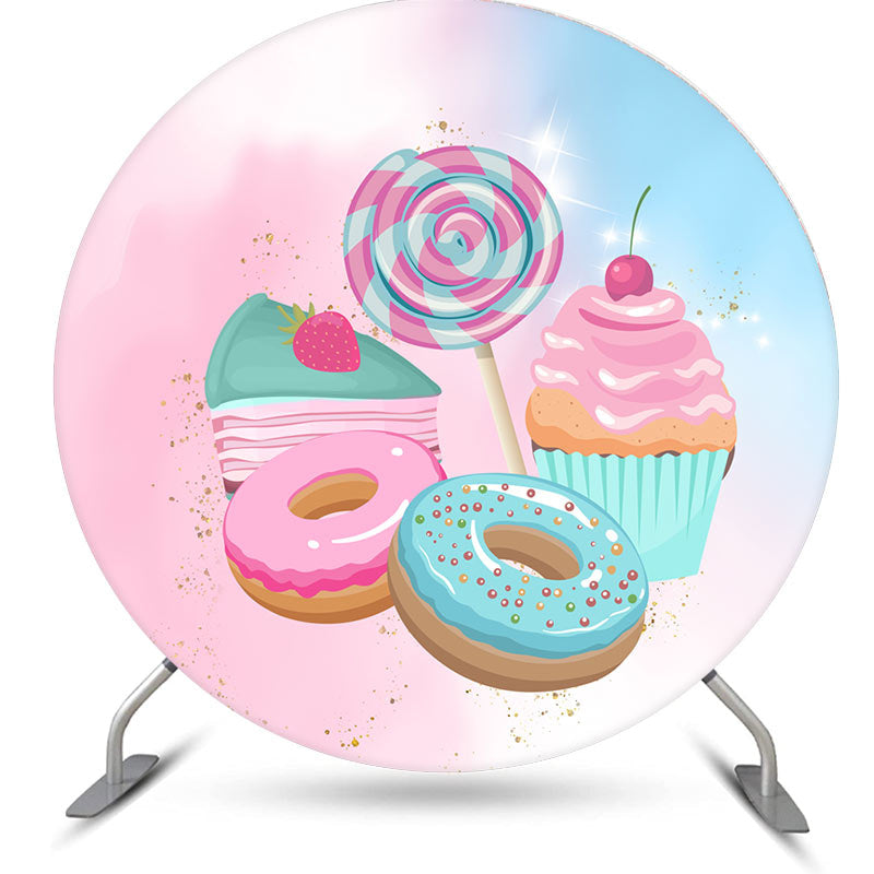 Aperturee - Sweet Pink Candy And Cake Round Birthday Party Backdrop