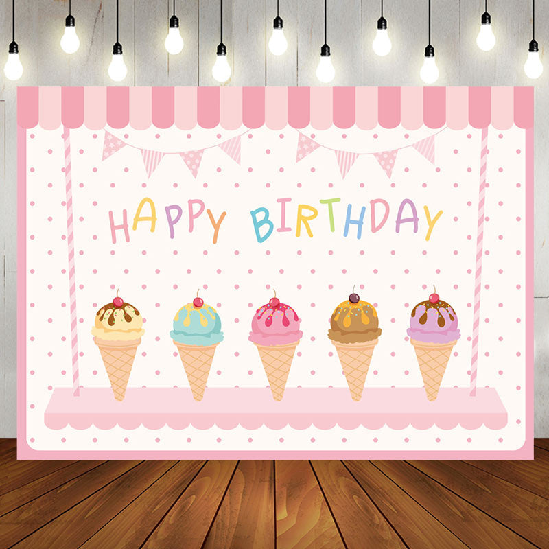 Aperturee - Sweet Pink Icecream Shop Dots Happy Birthday Backdrop